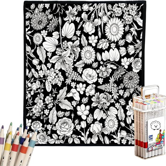 Zwart-wit kleed met bloemenprint, naast een koffer met 24 gekleurde stiften en enkele losse stiften.