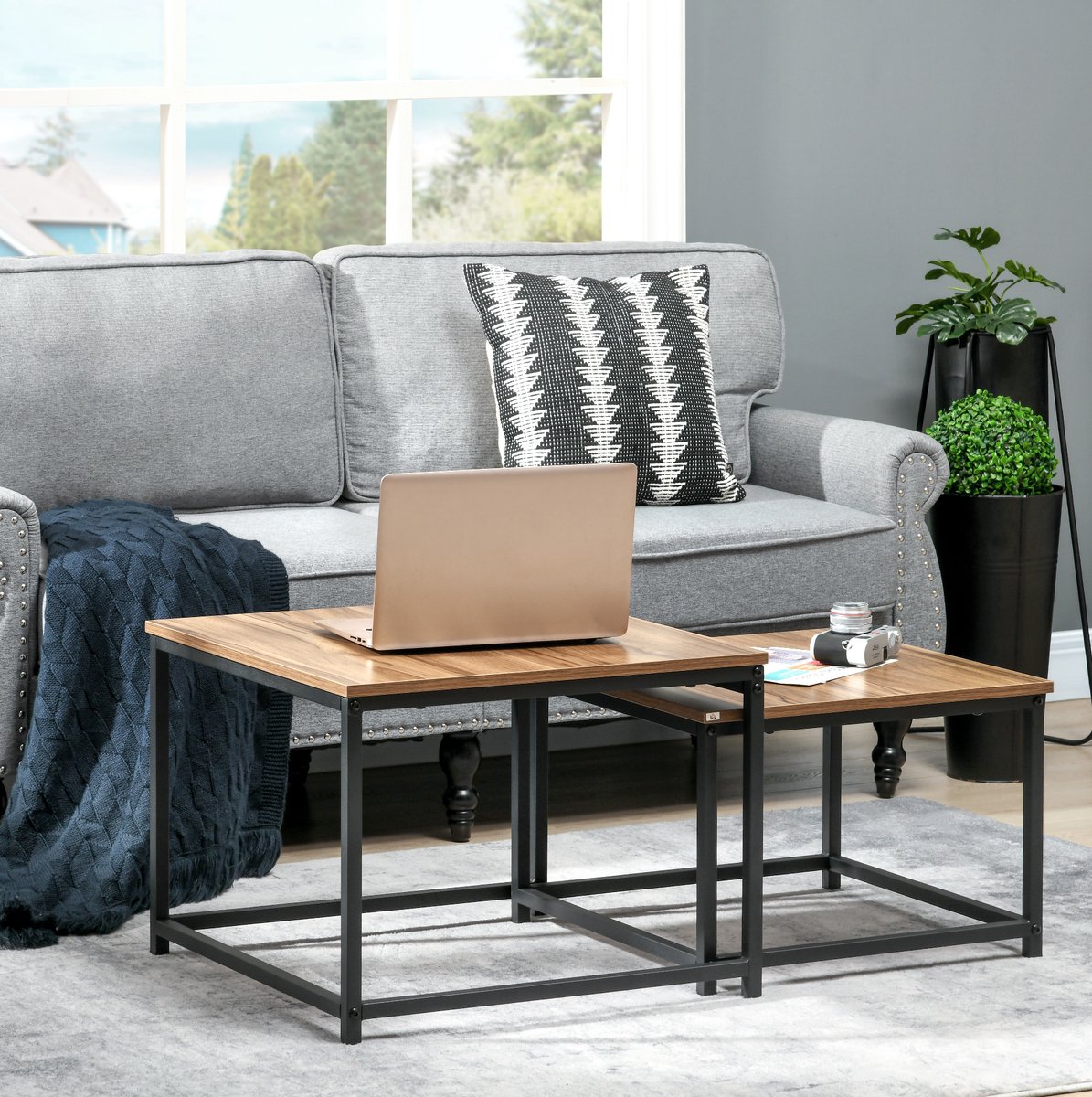 MIVRAY Salontafel Set Van 2 - Industrieel Design Met Houtnerf En Zwart Staal - Voor Woonkamer En Bijzetgebruik - 60 Kg Per Tafel