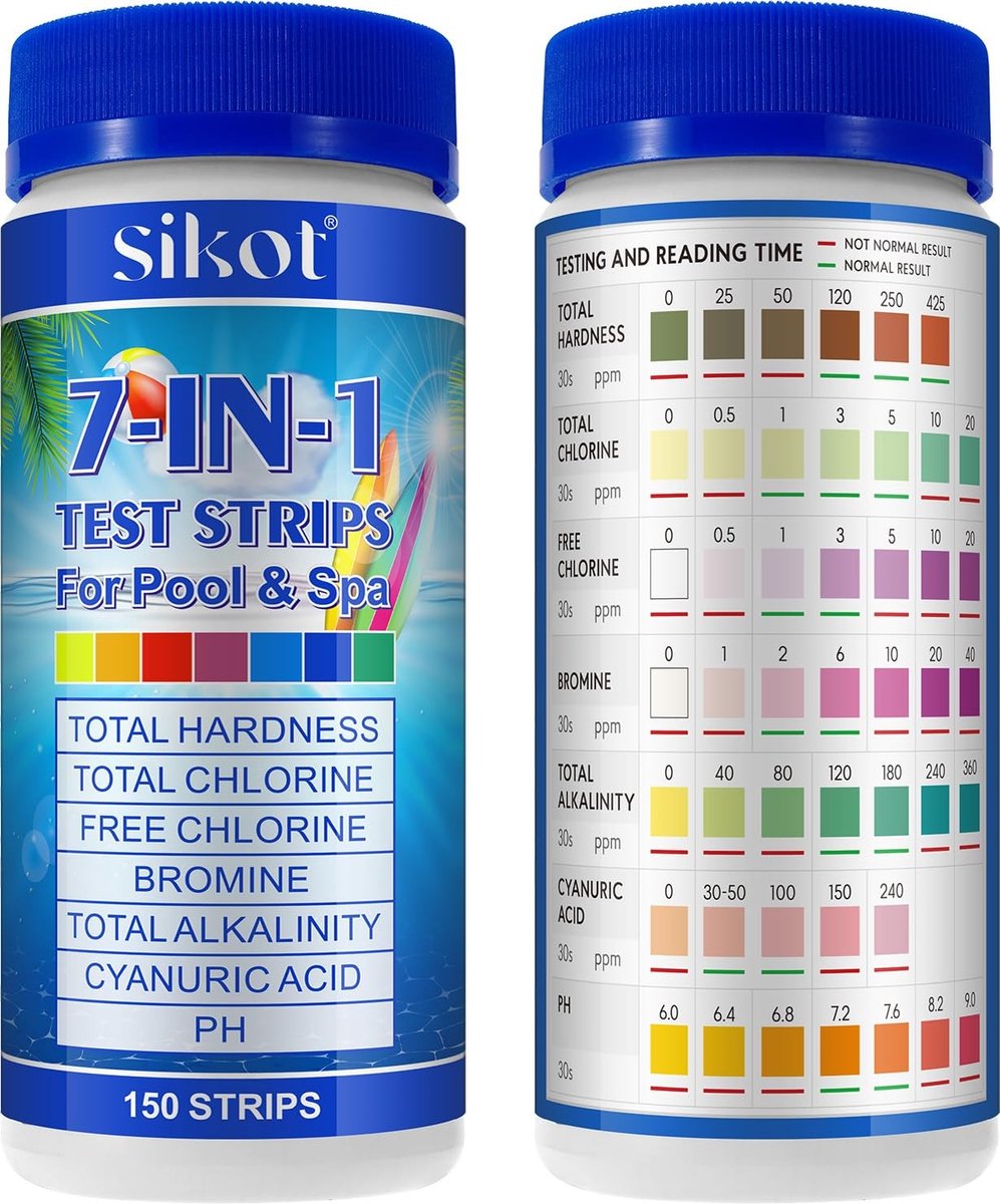 Zwembad Waterteststrips - 1 x 1 x 1 cm - 7-in-1 Testset voor pH, Alkaliniteit, Chloor en Hardheid - Voor Spa en Zwembad
