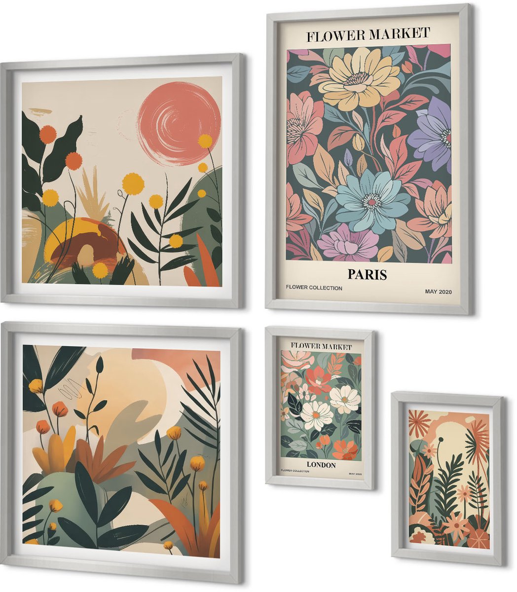 Coloray 5-Delige Schilderij Set - Bloemenposters Kopenhagen Londen Parijs - 20 x 30 cm - Muurdecoratie - Interieur Decoratie - Decoratieve Schilderijen