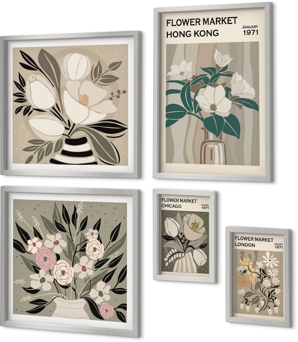 Coloray 5-Delige Schilderij Set - Abstracte Bergen, Bloemen En Inspirerende Letters - 20 x 30 cm - Muurdecoratie - Decoratieve Schilderijen - Wohnzimmer