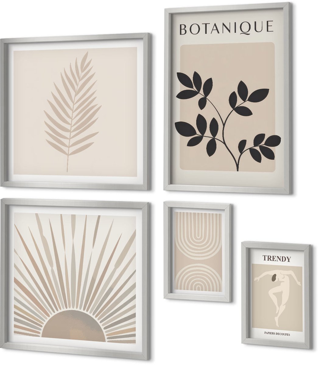 Coloray 5-Delige Schilderij Set - Geschilderde Retro Bloemen En Een Vogel Op Een Tak - 20 x 30 cm - Wanddecoratie - Muurdecoratie - Woonkamer