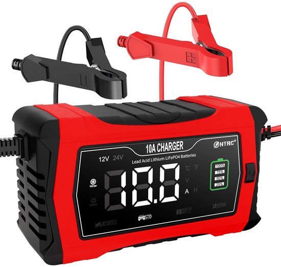 Autolader - 12V/24V 10A Acculader - Lithium-ijzerfosfaatacculader - Druppellader - met LCD-display - AGM Smart Repair-lader voor lithiumaccu's - Geschikt voor auto's, motoren, scooters, boten en campers - Rood