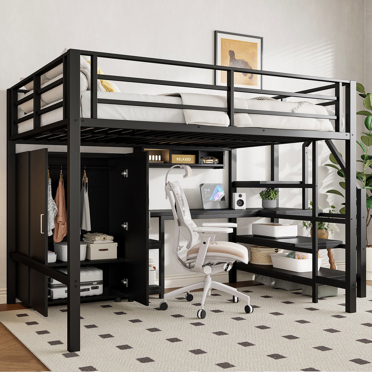 Hoogslaper - 140 x 200 cm - 2-persoons - met bureau - met kledingkast - met opbergruimte - met ladder - Zwart