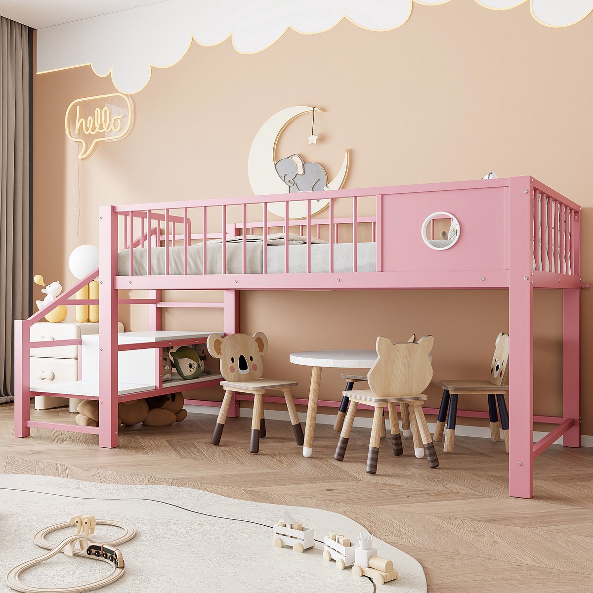 Hoogslaper - 90 x 200 cm - 1-persoons - met opbergruimte - met ladder - Roze