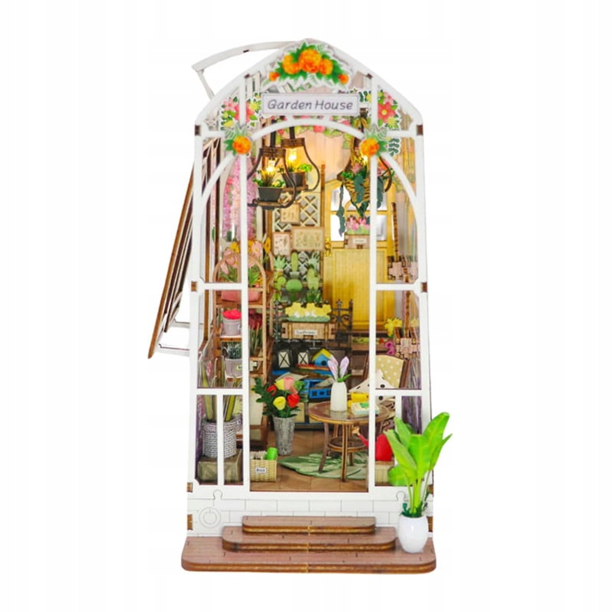 Miniatuur Houten Boek Nook - Glazen Orangerie met Bloemen