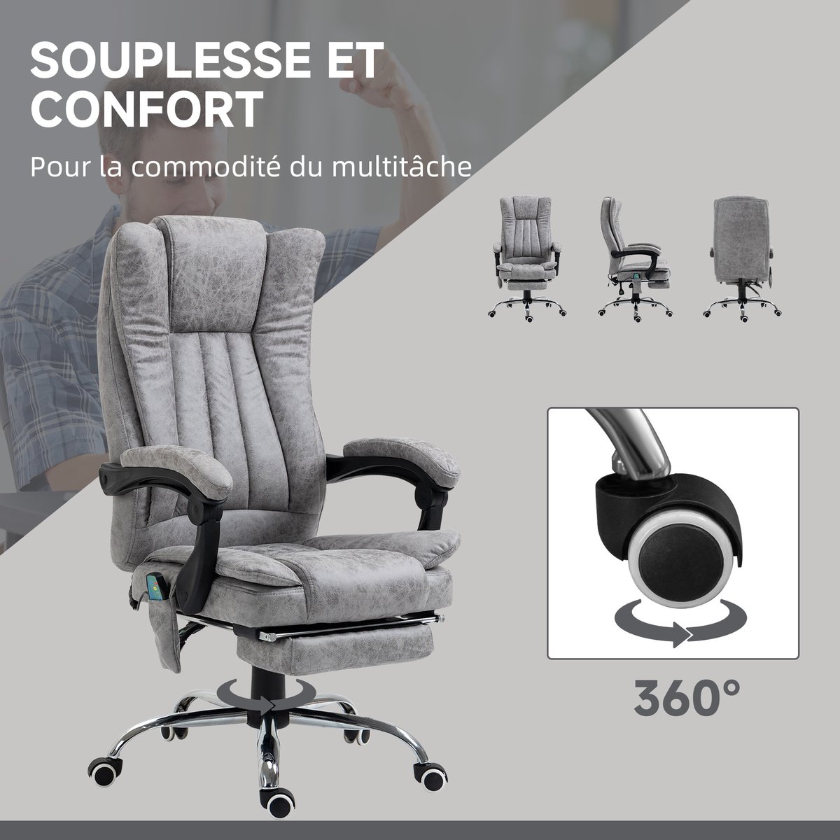 Vinsetto massage bureaustoel - kunstleer - 62x67x120cm - grijs