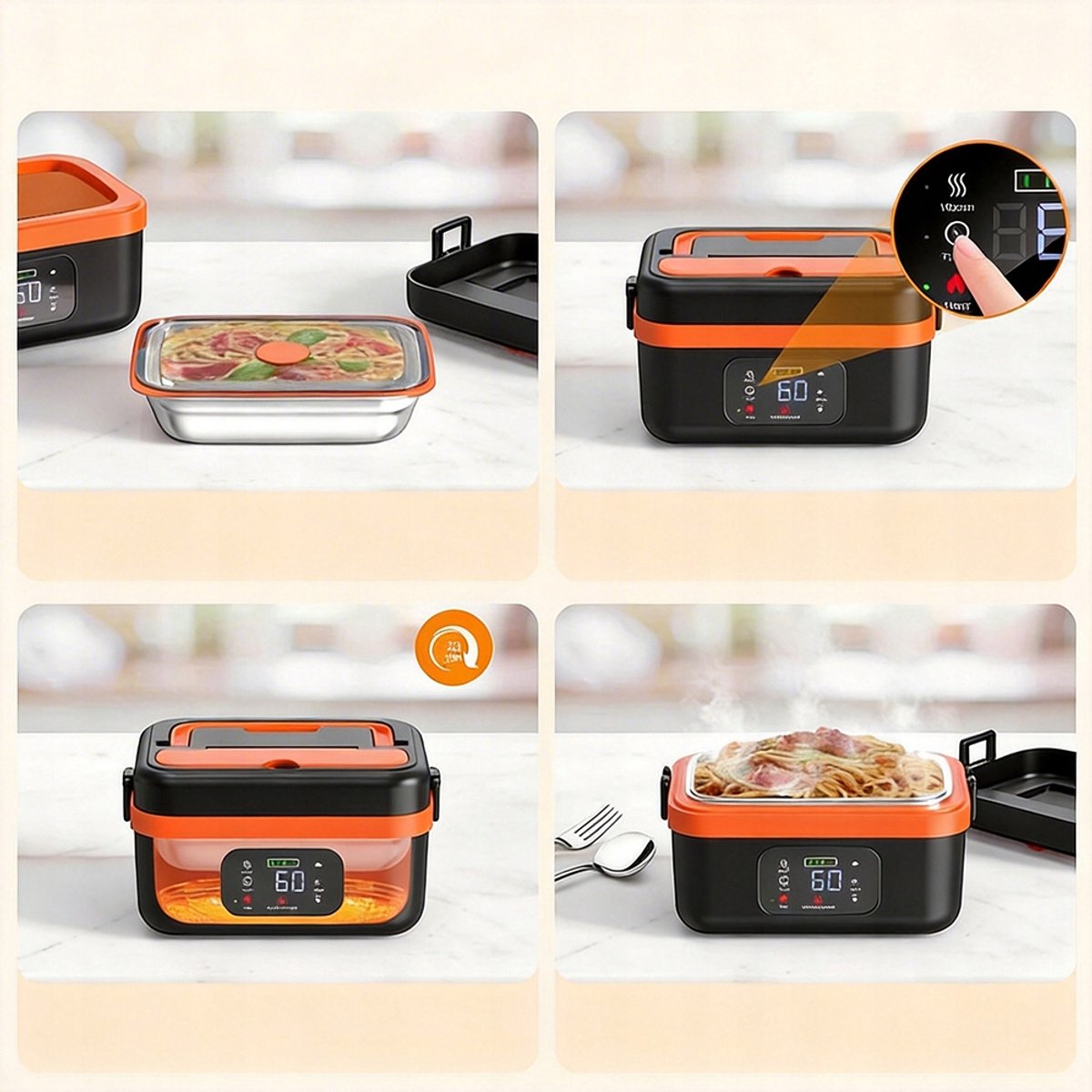 Elektrische Lunchbox - Verwarmde Bento Box - Thermos Lunchbox - 1000 ml - 60W Snel Verwarmend - 6 Temperatuurstanden - Voorverwarmen - ook Powerbank - met Isolatietas - Draagbare Broodtrommel - Voor Kantoor & School & Auto - Zwart en Oranje — cadeau in Kookcadeaus - foto 5
