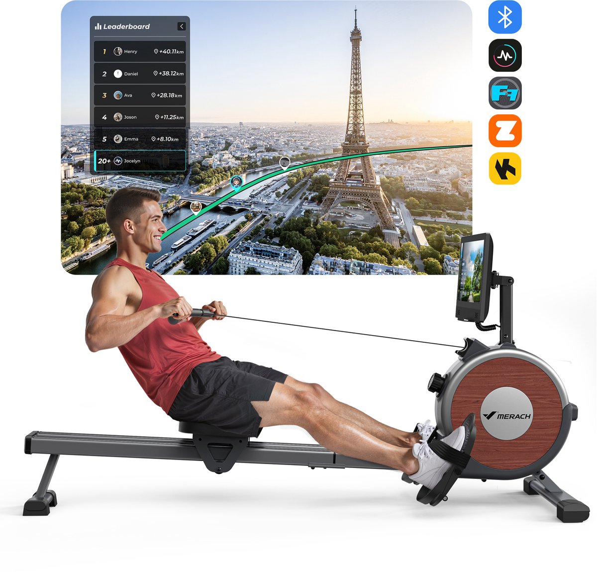 MERACH Smart Roeitrainer met 15.6" HD Scherm - Magnetische Roeifietser met 16 Weerstanden - Stil Dubbel Railsysteem - Max 158 kg - Bluetooth App