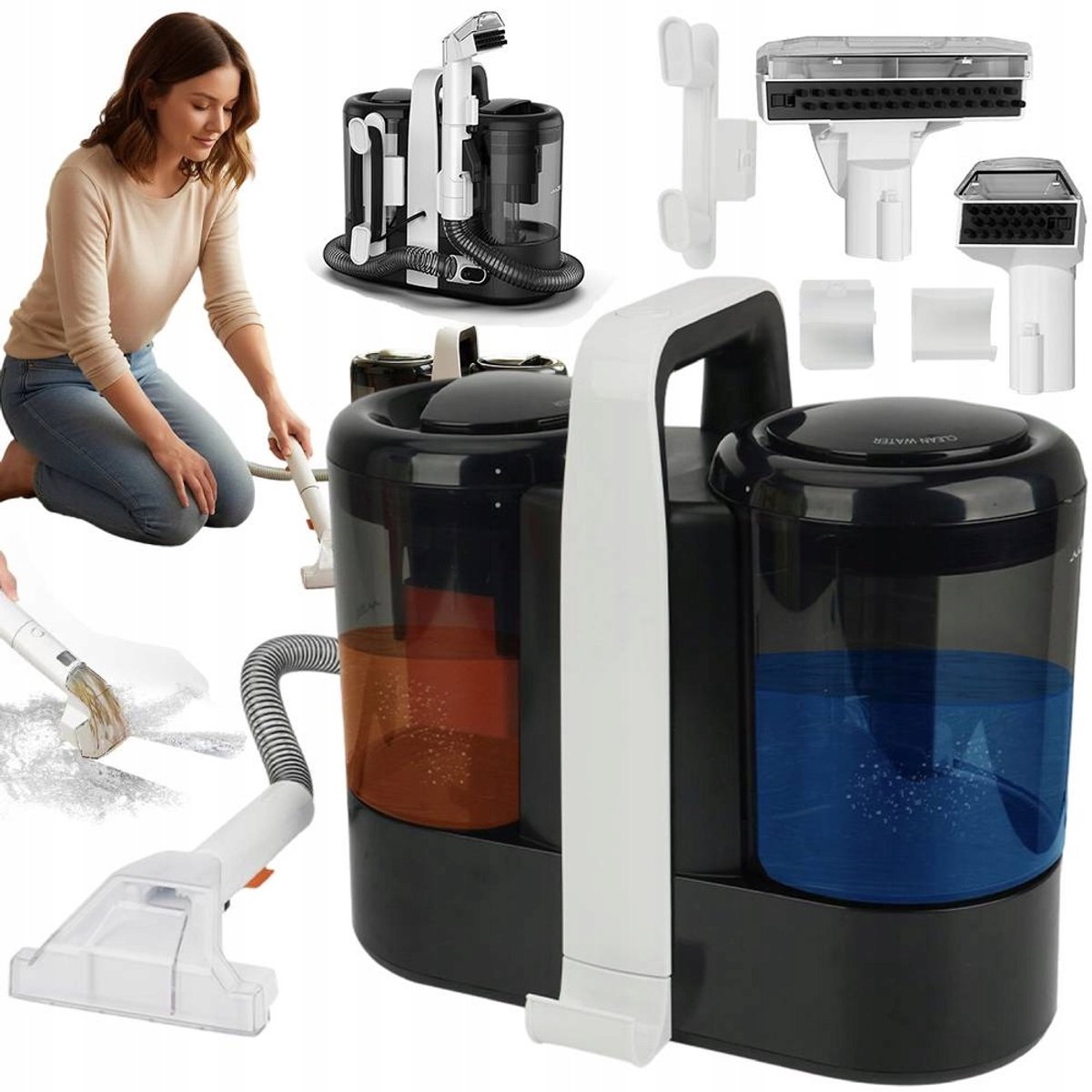 Tapijtreiniger - Vlekkenreiniger - Waterstofzuiger - Zetelreiniger - Bank Reiniger Machine - Meubelreiniger - Matrasreiniger - Nat/Droog - 15 kPa - Dubbele Watertank 1,5L/0,8L - Sproei- & Zuigfunctie - Voor Bank & Matras & Autostoel