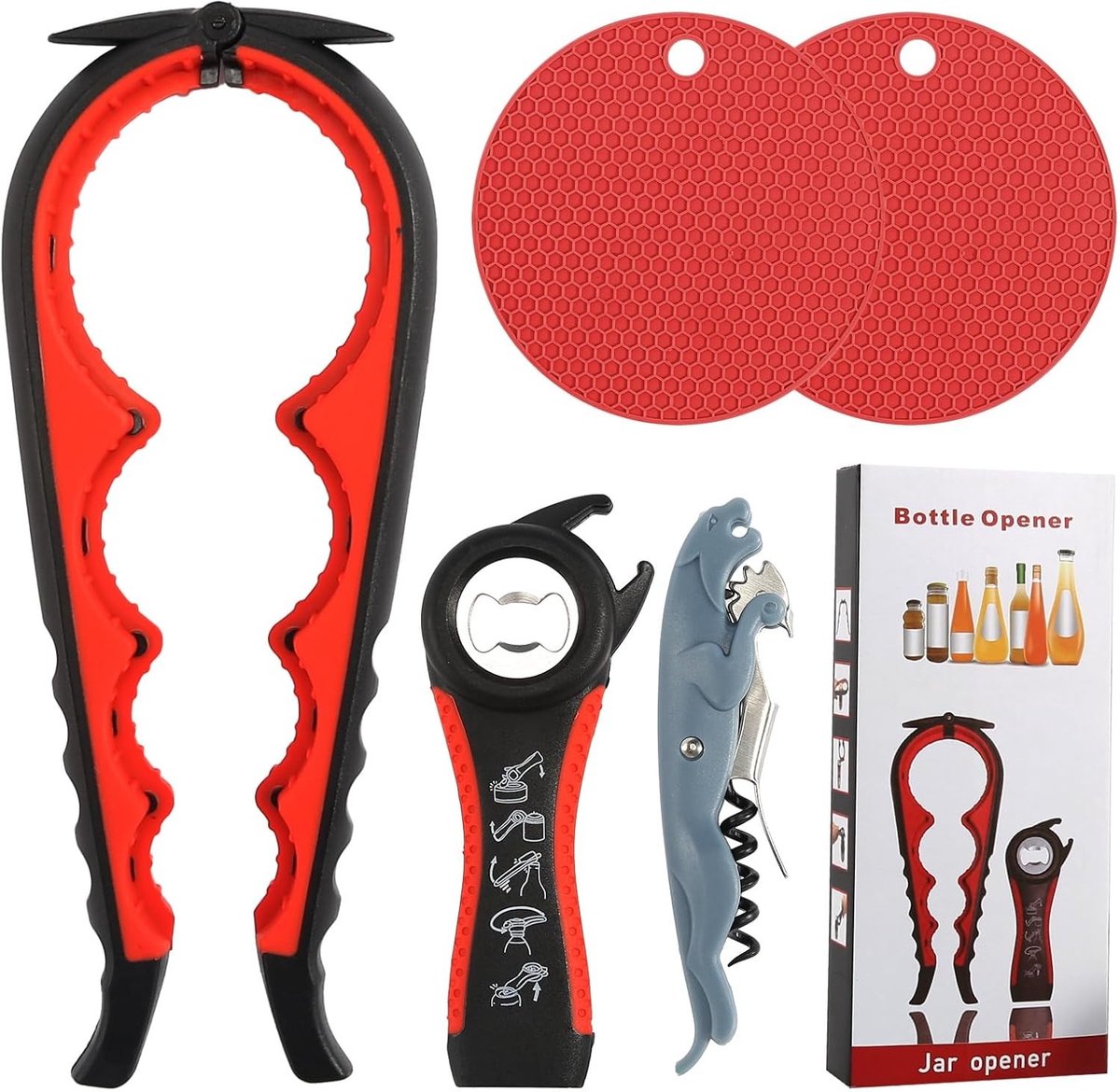 Potopener voor senioren - Rood - 5-in-1 multifunctionele flesopener - Roestvrij staal - Ergonomisch en antislip