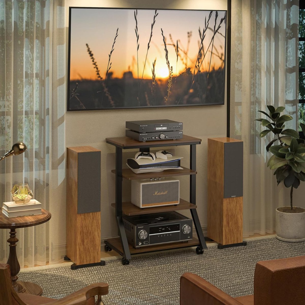 QUOVO® Platenspeler Meubel – Stand Platenspelerstandaard Met QUOVOyl Opbergvakken - Rustieke Platenopbergkasthouder – In Hoogte Verstelbaar - Draaitafelstandaard – 4 Laags Bijzettafel - Bruin - 46cm x 64cm x 86cm