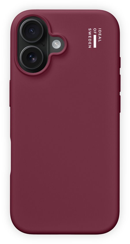 Coque iPhone 14 Pro en silicone, couleur vin fin, avec double découpe caméra et logo sur le dos.