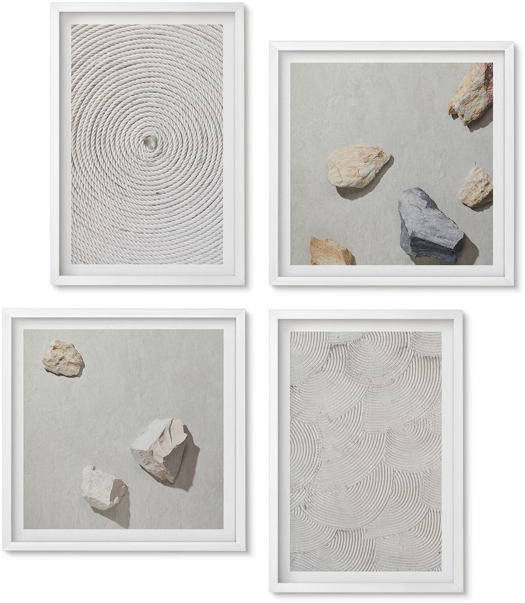 Wallfluent 4-Delige Schilderij Set - Geometrische Patronen Van Karton En Stenen Op Zand. - 40 x 40 En 40 x 60 - Wanddecoratie - Muurdecoratie - Woonkamer - Moderne Wanddecoratie
