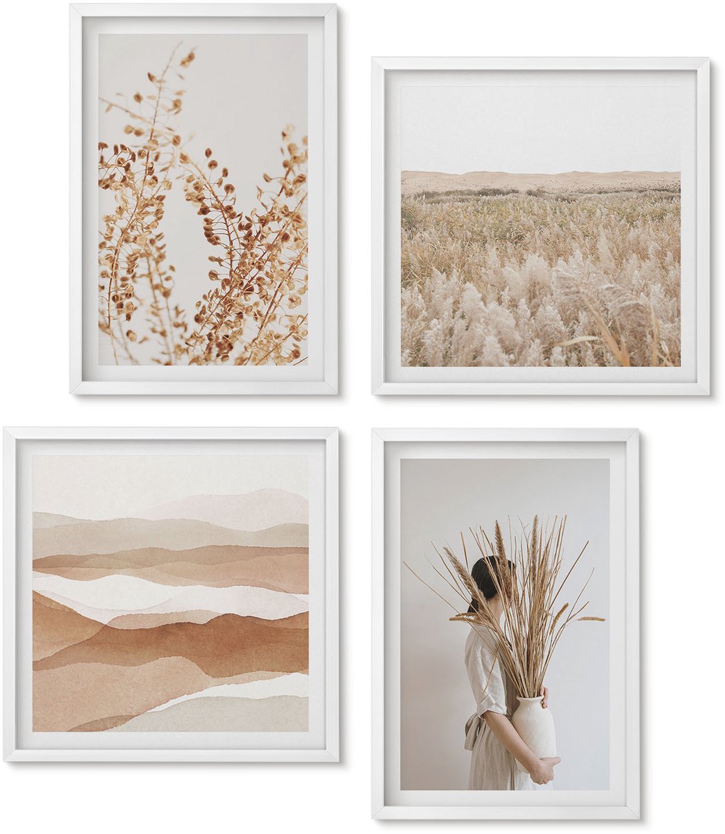 Wallfluent 4-Delige Schilderij Set - Abstracte Plantmotieven In Rustieke Boho-Stijl - 40 x 40 En 40 x 60 - Wanddecoratie - Schilderijen Set - Kantoor - Muurdecoratie