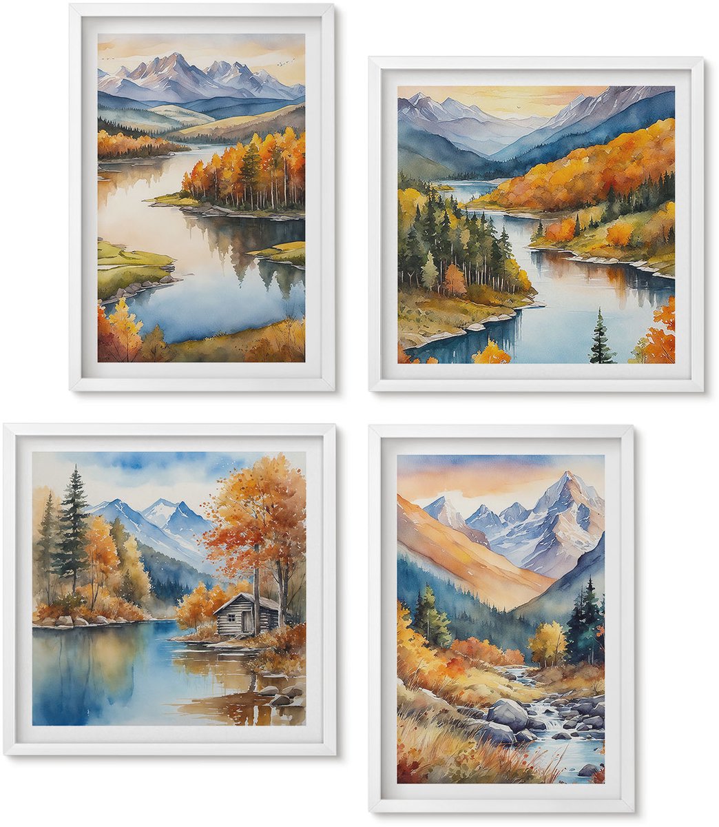 Wallfluent 4-Delige Schilderij Set - Uitzicht Op De Bergen Met Een Rivier En Herfstbomen. - 40 x 40 En 40 x 60 - Muurdecoratie - Wanddecoratie - Slaapkamer - Moderne Wanddecoratie