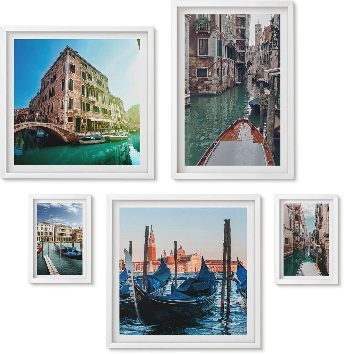 Wallfluent 5-Delige Schilderij Set - De Kanalen Van Venetië En De Charmante Gondels In De Stad. - 50 x 50 cm, 20 x 30 cm En 40 x 60 cm - Stijlvolle Muurdecoratie - Kantoor - Interieur Decoratie