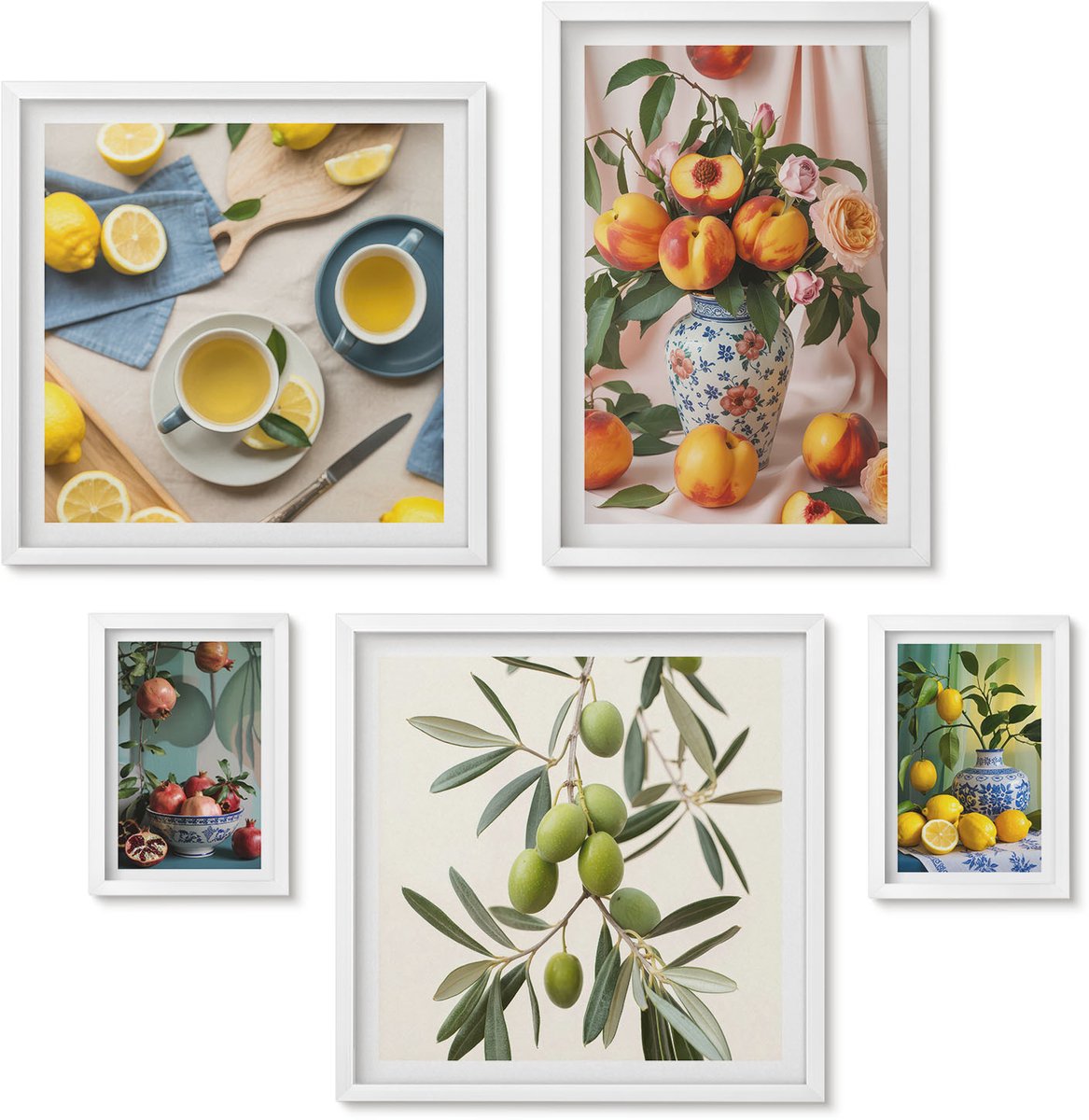 Wallfluent 5-Delige Schilderij Set - Fruit En Bloemen In Een Rustieke Stijl Voor Interieurdecoratie - 50 x 50 cm, 20 x 30 cm En 40 x 60 cm - Muurdecoratie - Wanddecoratie - Hal - Stijlvolle Muurdecoratie