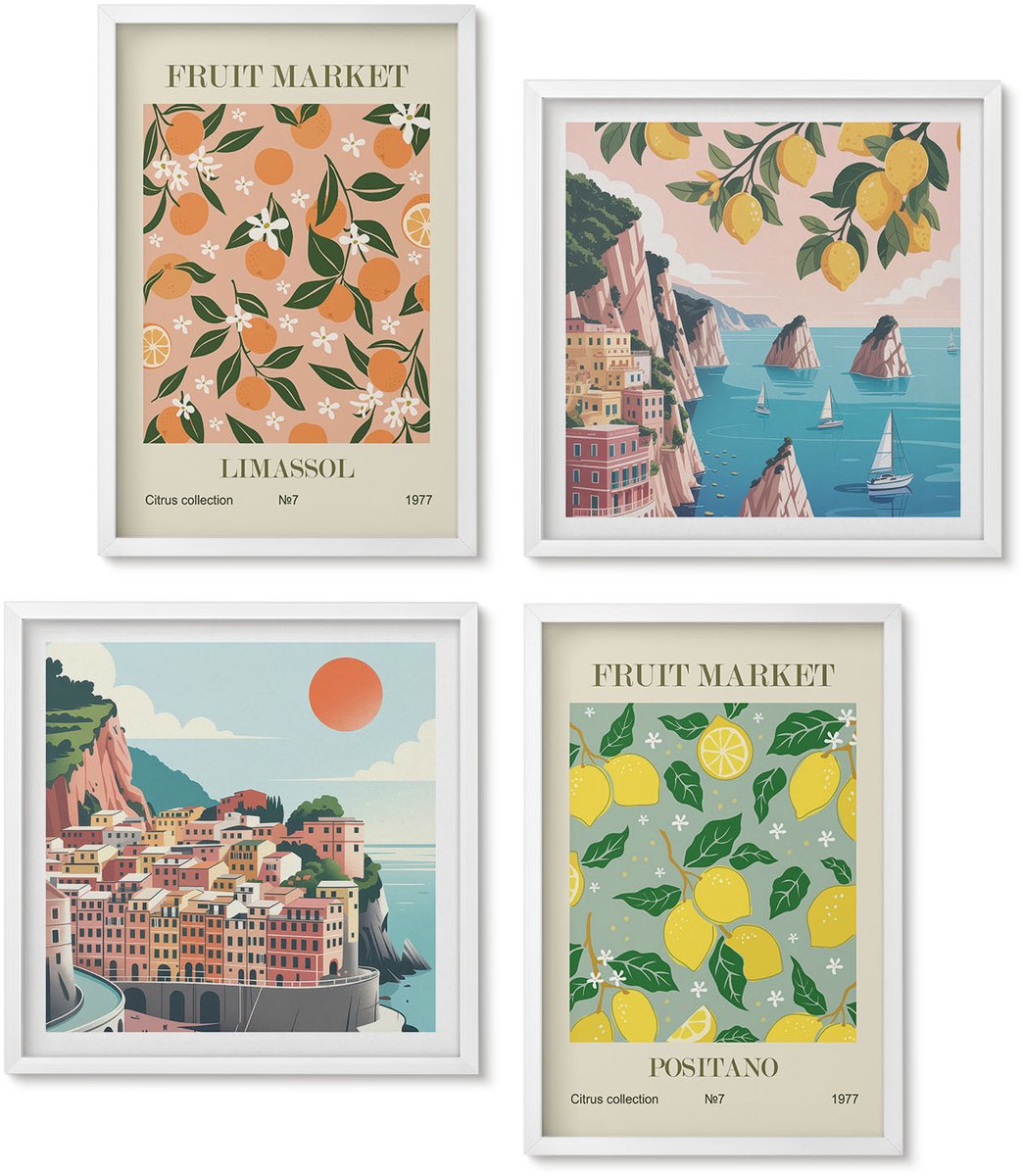 Wallfluent 4-Delige Schilderij Set - Citrusvruchten En Tropisch Fruit Op Italiaanse Wijze - 40 x 40 En 40 x 60 - Stijlvolle Wanddecoratie - Interieur - Woonkamer Decoratie