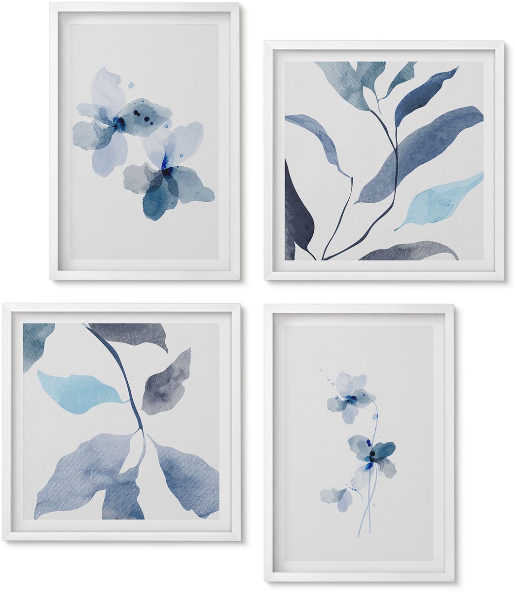 Wallfluent 4-Delige Schilderij Set - Minimalistische Aquarelbloemen In Blauwe Tinten - 40 x 40 En 40 x 60 - Decoratieve Muurdecoratie - Slaapkamer - Stijlvolle Muurdecoratie
