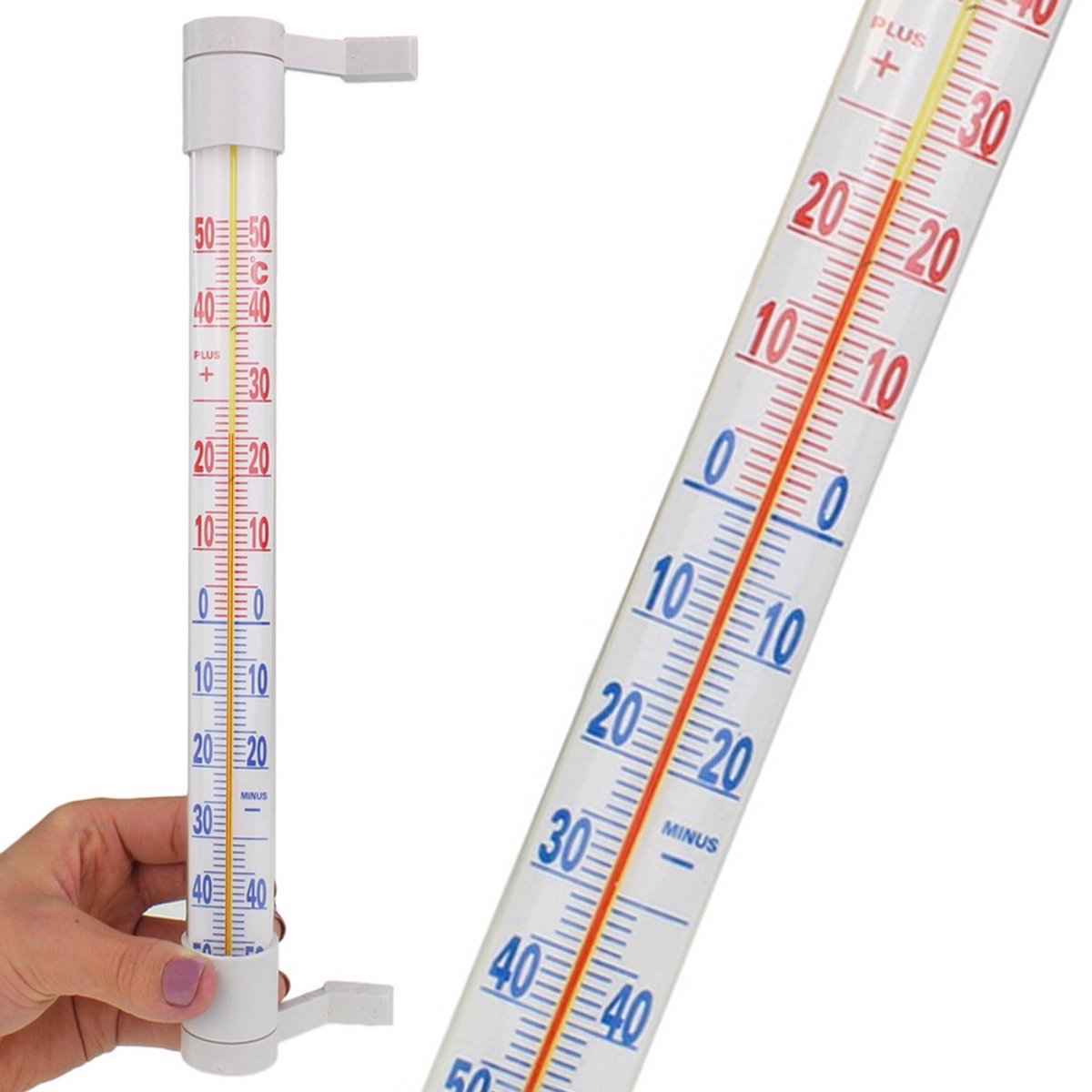 Buiten- & Binnenthermometer – Muurthermometer – Temperatuurmeter -50°C tot +50°C – Grote Schaal – Zelfklevend – Wit – 21 cm