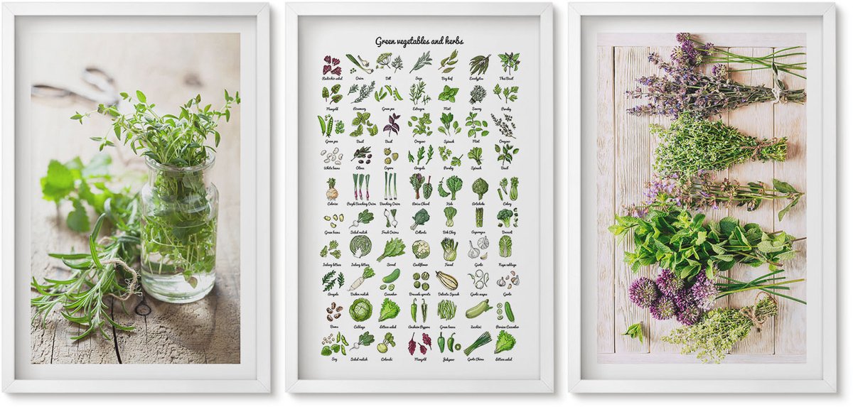 Wallfluent 3-Delige Schilderij Set - Lijst Met Gedroogde Keukenkruiden - 40 x 60 - Schilderijen Set - Wanddecoratie - Woonkamer - Stijlvolle Muurdecoratie