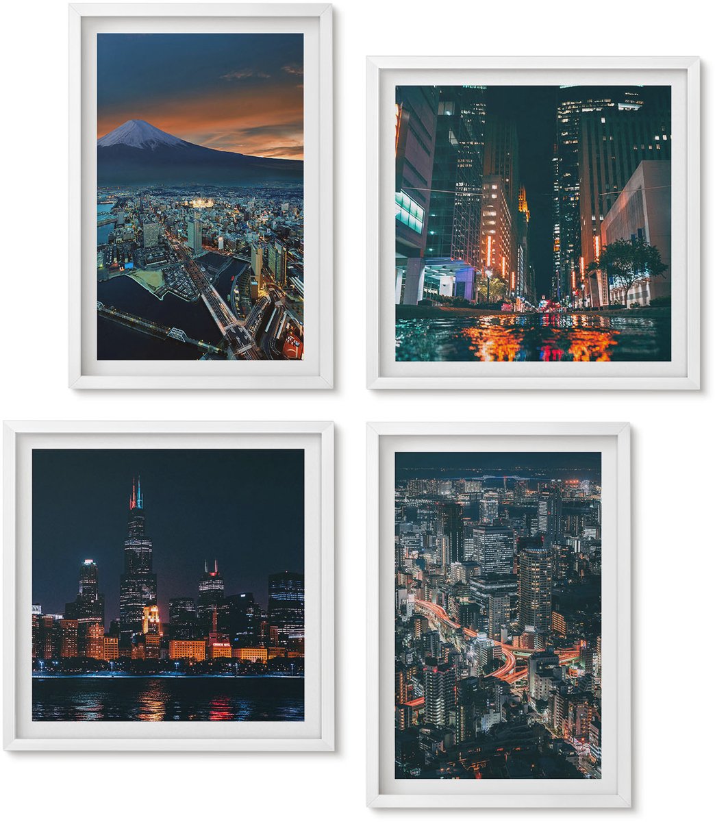 Wallfluent 4-Delige Schilderij Set - Uitzicht Op De Stad 'S Nachts Vanaf De Bergen Met Wolkenkrabbers - 40 x 40 En 40 x 60 - Muurdecoratie - Wanddecoratie - Hal