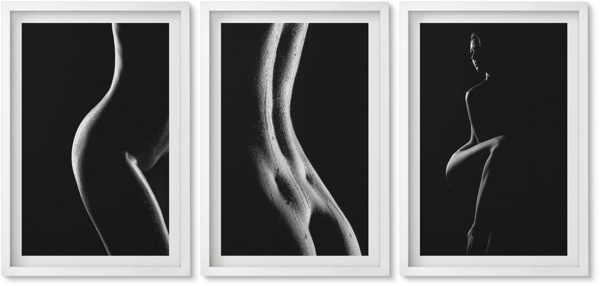 Wallfluent 3-Delige Schilderij Set - Erotische Afbeeldingen Van Vrouwelijke Silhouetten In Zwart-Wit - 40 x 60 - Muurdecoratie - Wanddecoratie - Hal - Decoratieve Schilderijen