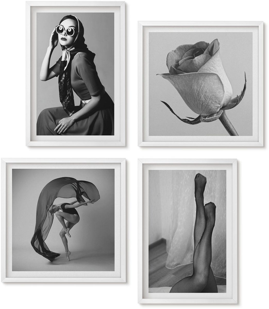 Wallfluent 4-Delige Schilderij Set - Stijlvolle Zwart-Witportretten Van Vrouwen In Elegante Poses - 40 x 40 En 40 x 60 - Wanddecoratie - Schilderijen Set - Kantoor - Muurdecoratie