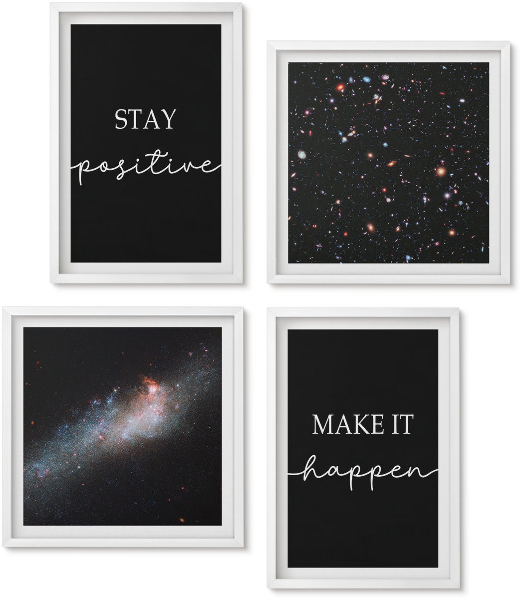 Wallfluent 4-Delige Schilderij Set - Motiverende Slogans Op Een Zwarte Achtergrond Sterren In De Ruimte - 40 x 40 En 40 x 60 - Decoratieve Schilderijen - Woonkamer - Interieur - Wanddecoratie