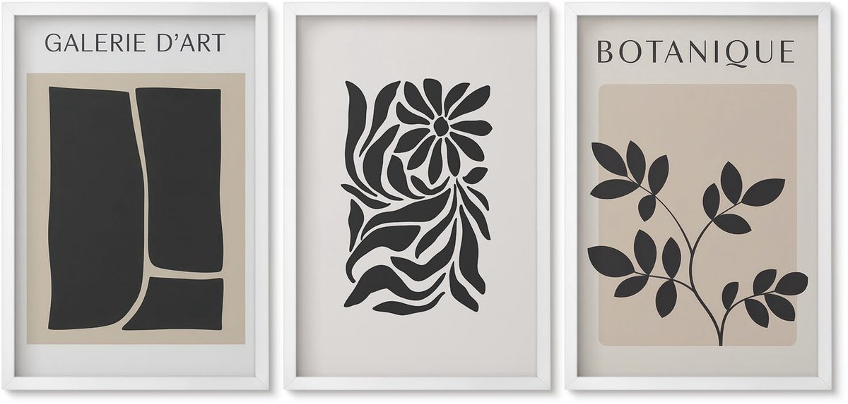 Wallfluent 3-Delige Schilderij Set - Abstracte Bloemenpatronen En Geometrische Vormen - 40 x 60 - Decoratieve Schilderijen - Woonkamer - Interieur - Interieur Decoratie
