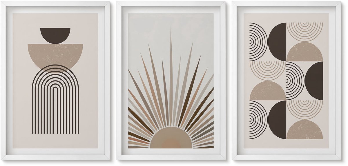 Wallfluent 3-Delige Schilderij Set - Abstracte Vormen In Beige En Bruine Tinten. - 40 x 60 - Muurdecoratie - Wanddecoratie - Slaapkamer - Woonkamer Decoratie