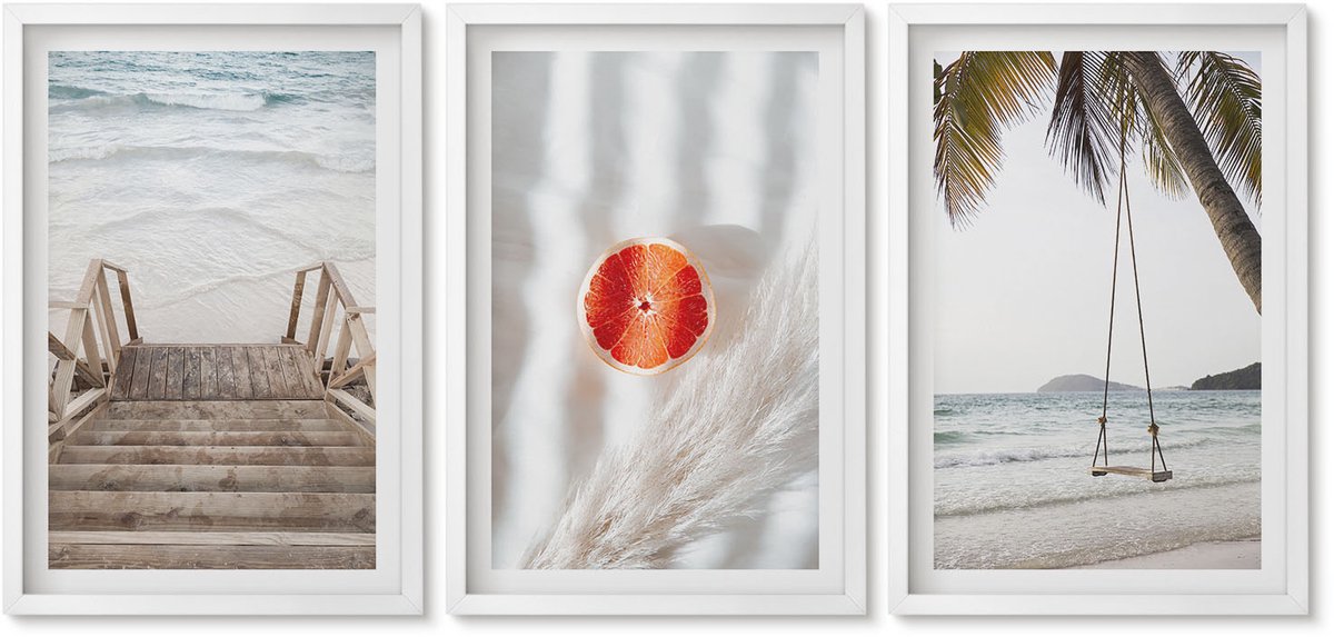 Wallfluent 3-Delige Schilderij Set - Strand Met Houten Trap, Vakantiesfeer - 40 x 60 - Muurdecoratie - Decoratieve Schilderijen - Wohnzimmer