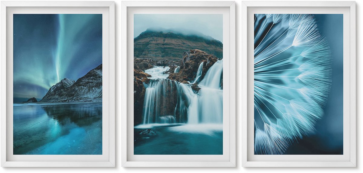 Wallfluent 3-Delige Schilderij Set - Winterlandschappen Met Watervallen En Het Noorderlicht - 40 x 60 - Moderne Wanddecoratie - Slaapkamer
