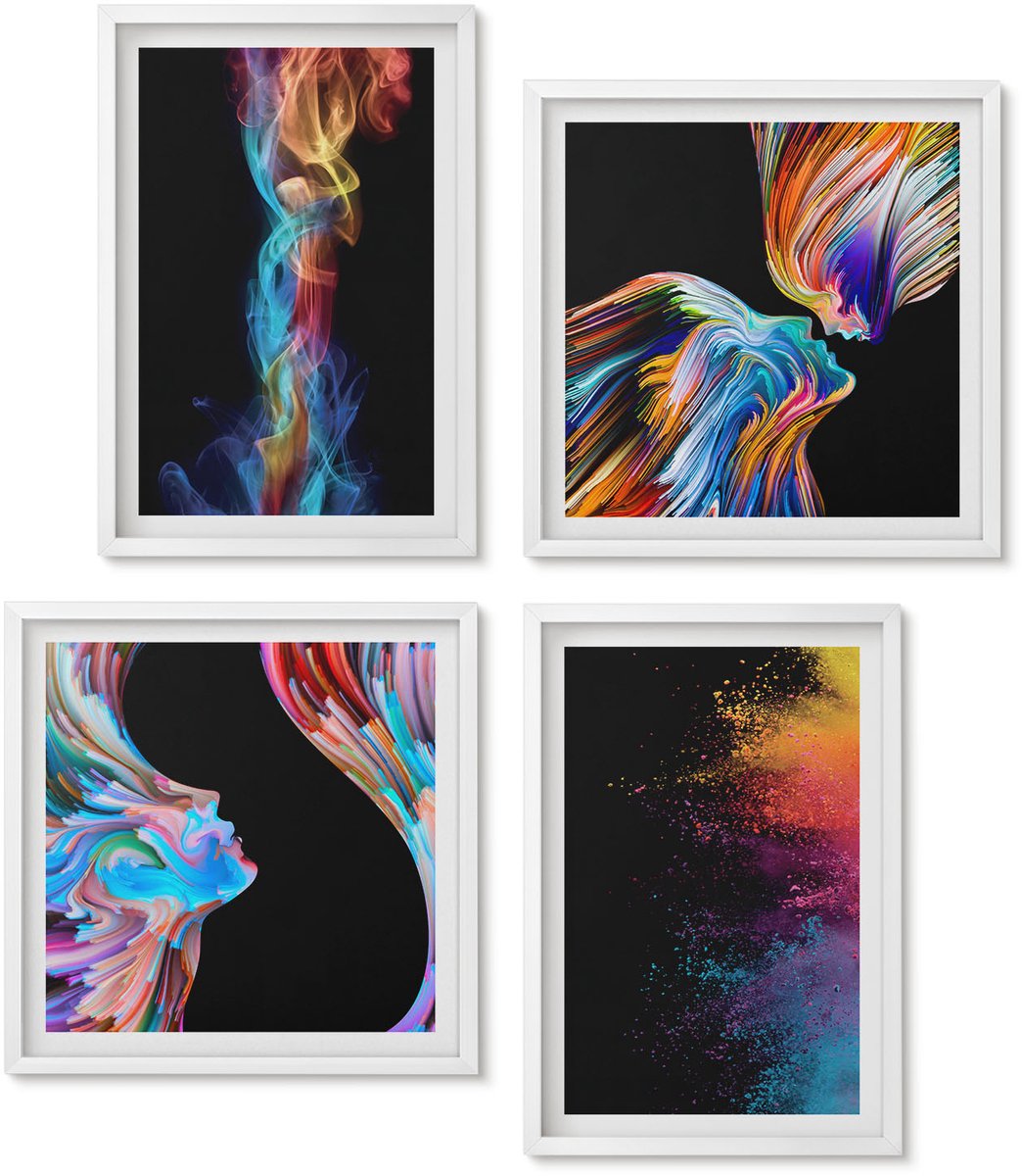 Wallfluent 4-Delige Schilderij Set - Kleurrijke Abstracties Met Gezichten En Dynamische Vormen - 40 x 40 En 40 x 60 - Muurdecoratie - Decoratieve Schilderijen - Wohnzimmer - Wanddecoratie