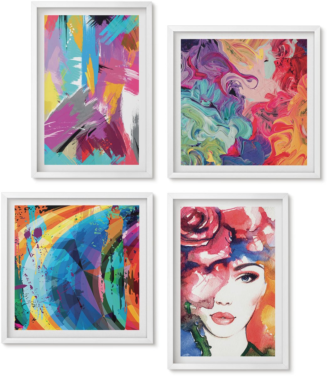 Wallfluent 4-Delige Schilderij Set - Kleurrijk Abstract Schilderijportret Van Een Vrouw - 40 x 40 En 40 x 60 - Stijlvolle Muurdecoratie - Kantoor - Interieur Decoratie