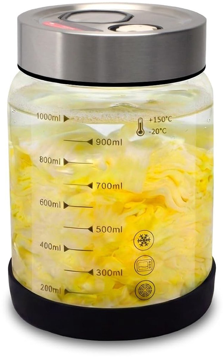 Fermentatiepot - Transparant - 1 Liter - Borosilicaatglas met Dubbel Ventiel - Voor Thuis Inmaken en Fermenteren