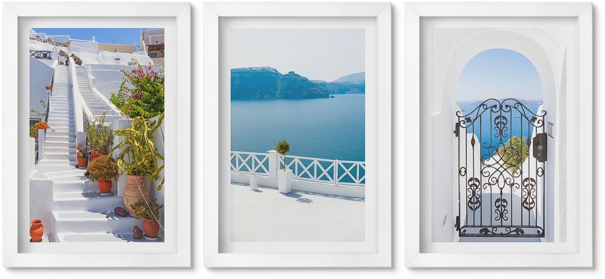 Wallfluent 3-Delige Schilderij Set - Witte Trap Met Planten, Uitzicht Op Zee En Poort - 20 x 30 - Wanddecoratie - Schilderijen Set - Interieur