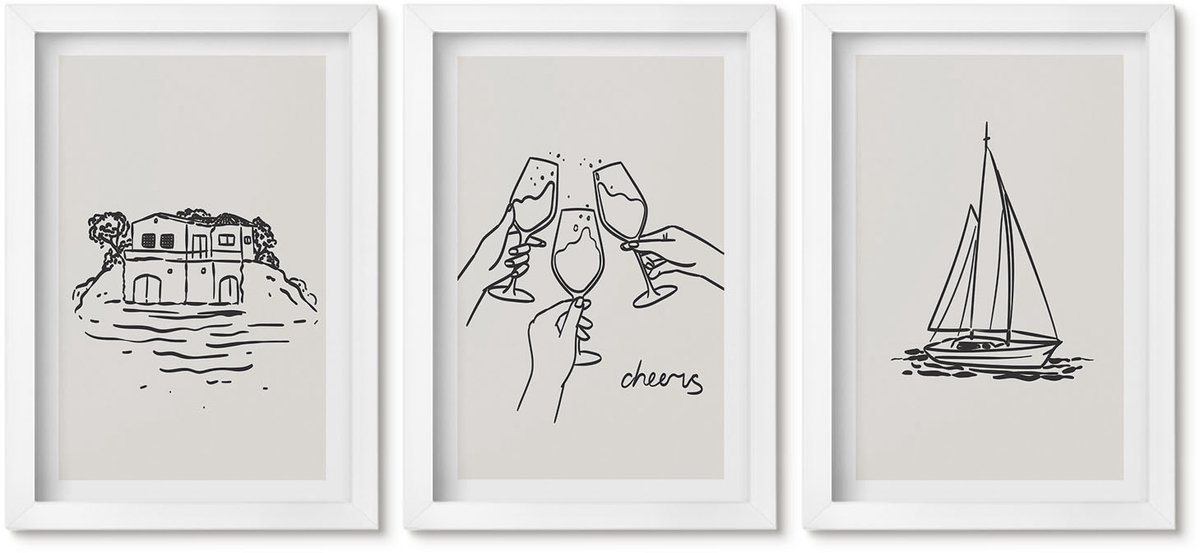 Wallfluent 3-Delige Schilderij Set - Uitzicht Op Het Water, Een Huis Dat Proost Met Glazen En Een Zeilboot. - 20 x 30 - Decoratieve Schilderijen - Woonkamer - Interieur - Muurdecoratie