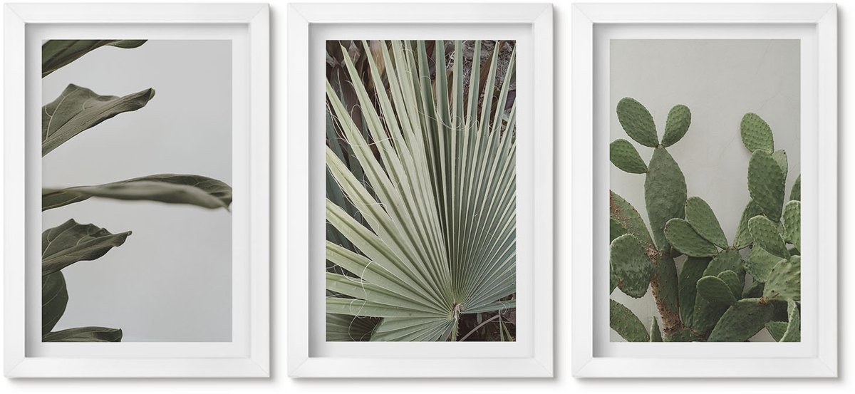 Wallfluent 3-Delige Schilderij Set - Bladeren Van Tropische Planten In Pastelkleuren - 20 x 30 - Moderne Wanddecoratie - Woonkamer - Interieur Decoratie