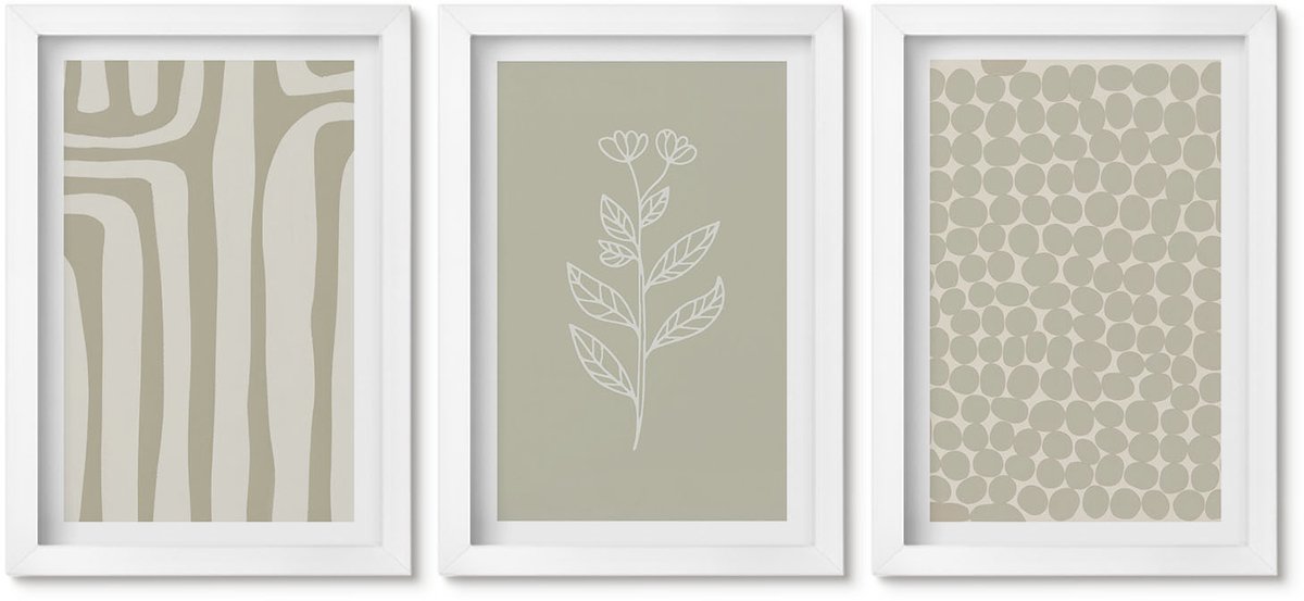Wallfluent 3-Delige Schilderij Set - Plantaardige En Geometrische Patronen In Ingetogen Kleuren. - 20 x 30 - Moderne Wanddecoratie - Slaapkamer