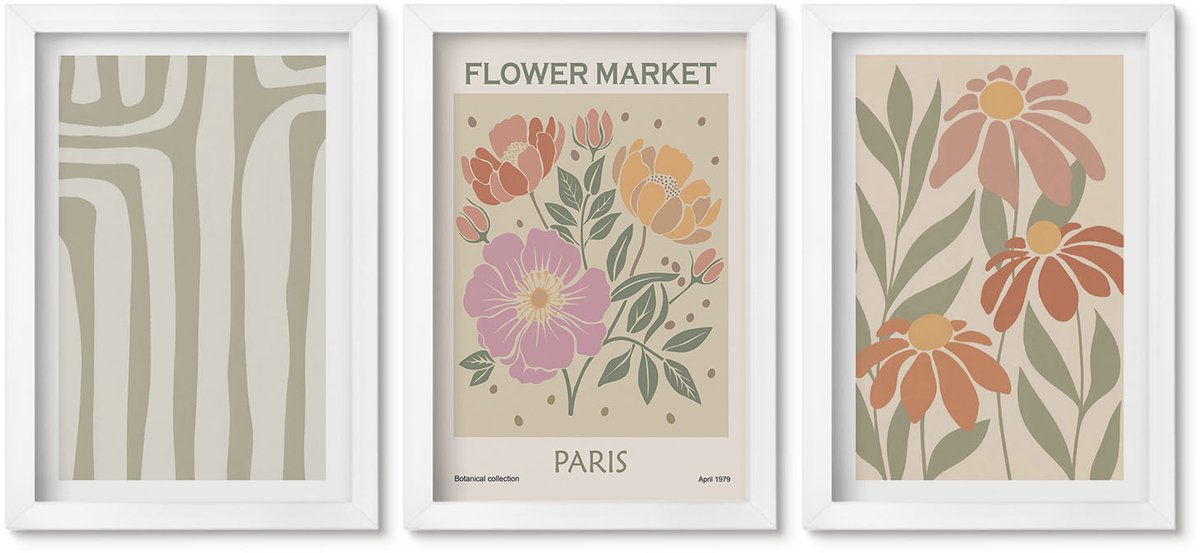 Wallfluent 3-Delige Schilderij Set - Poster Met Botanische Motieven, Parijse Minimalistische Stijl - 20 x 30 - Muurdecoratie - Wanddecoratie - Slaapkamer - Woonkamer Decoratie