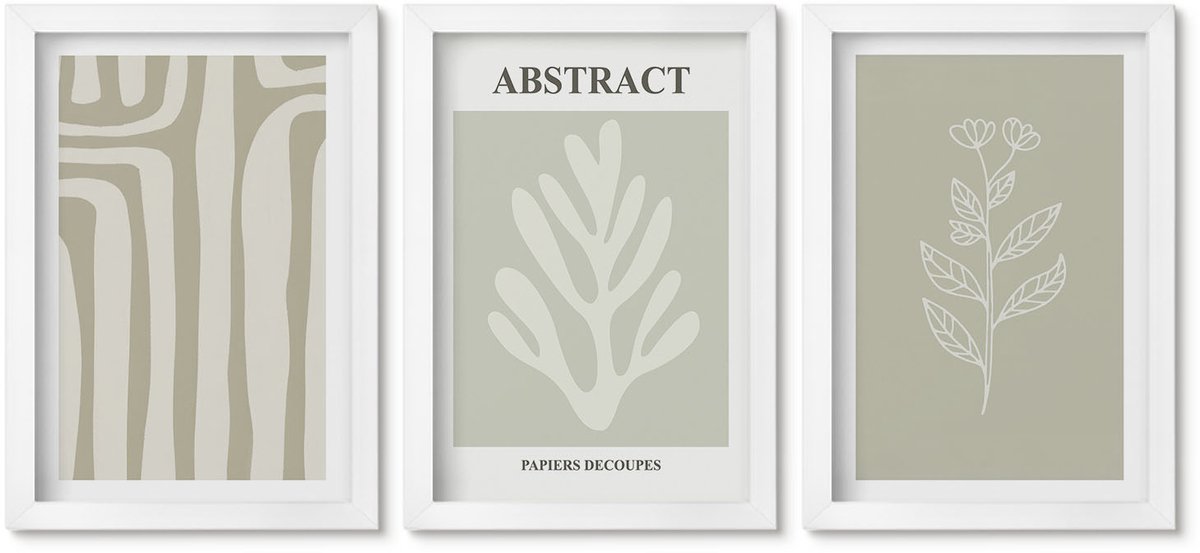 Wallfluent 3-Delige Schilderij Set - Abstracte Plantpatronen In Ingetogen Kleuren - 20 x 30 - Moderne Wanddecoratie - Slaapkamer - Woonkamer Decoratie