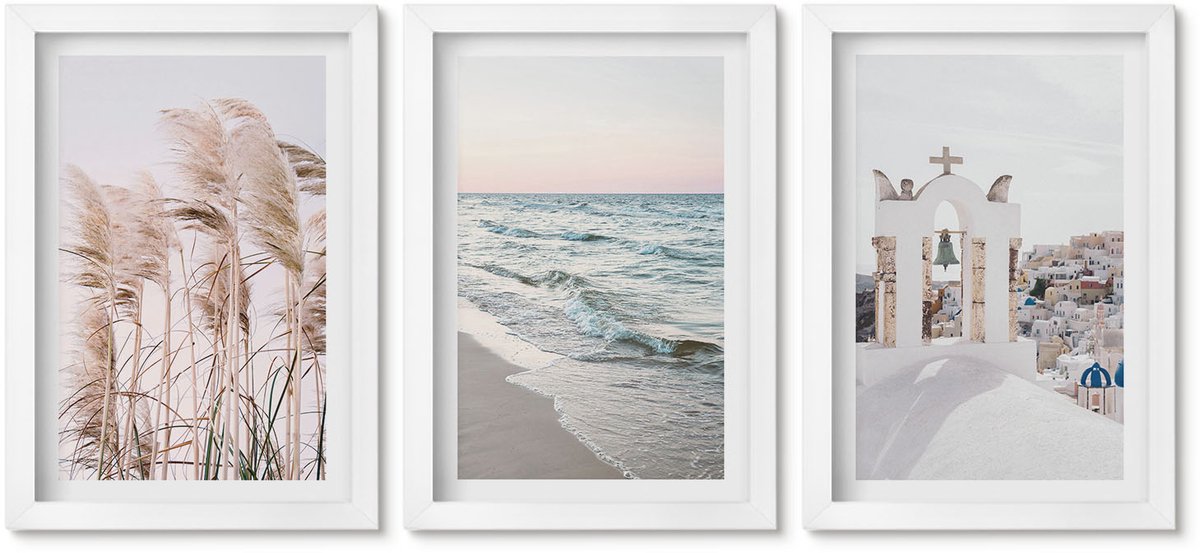 Wallfluent 3-Delige Schilderij Set - Zeeplanten, Zeegolven, Uitzicht Op De Witte Huizen - 20 x 30 - Wanddecoratie - Muurdecoratie - Moderne Interieurdecoratie - Interieur Decoratie