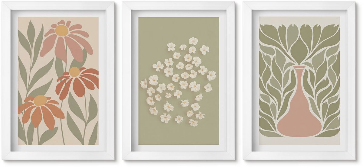 Wallfluent 3-Delige Schilderij Set - Bloemmotieven, Minimalistische Patronen, Boho-Stijl - 20 x 30 - Wanddecoratie - Muurdecoratie - Moderne Interieurdecoratie