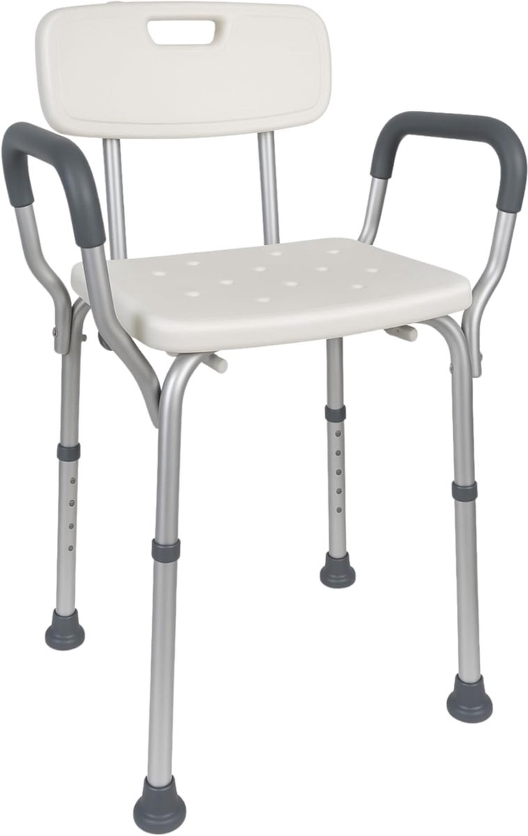 Lìon® Douchestoel Met Armleuning - Douchestoel - Douchekrukje In Hoogte Verstelbaar - Douchekruk Met Armleuningen - Douchestoel Opklapbaar - Wit - 62cm x 14cm x 38cm