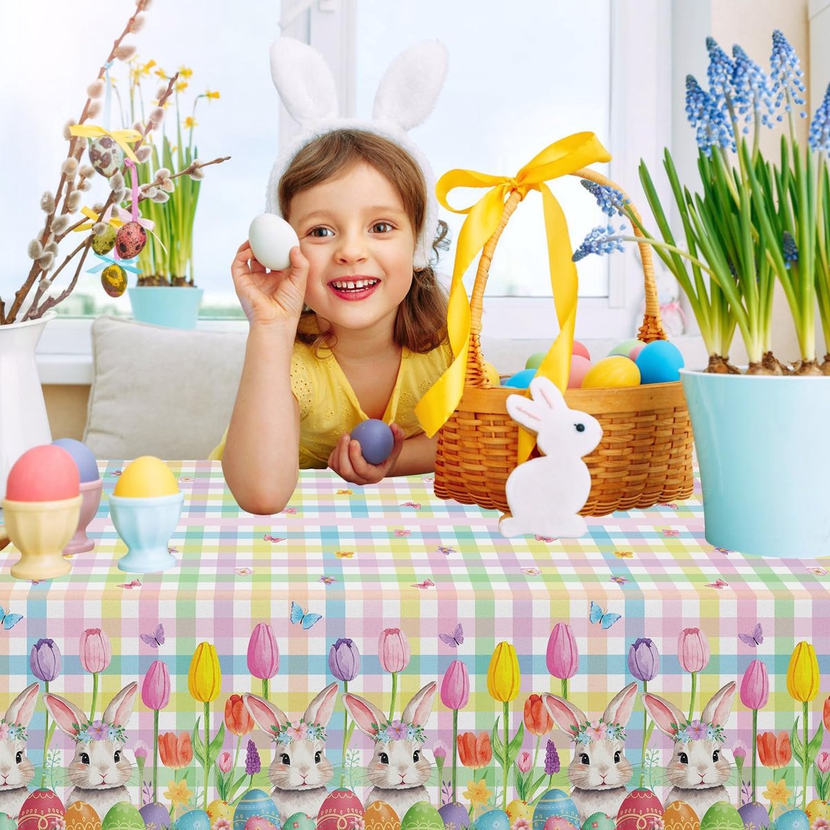 Set of 4 Easter Tablecloths Easter Tablecloth Rainbow Plaid Rabbit Tablecloth Spring Flowers Tablecloth Easter Buffalo - ShopVlot