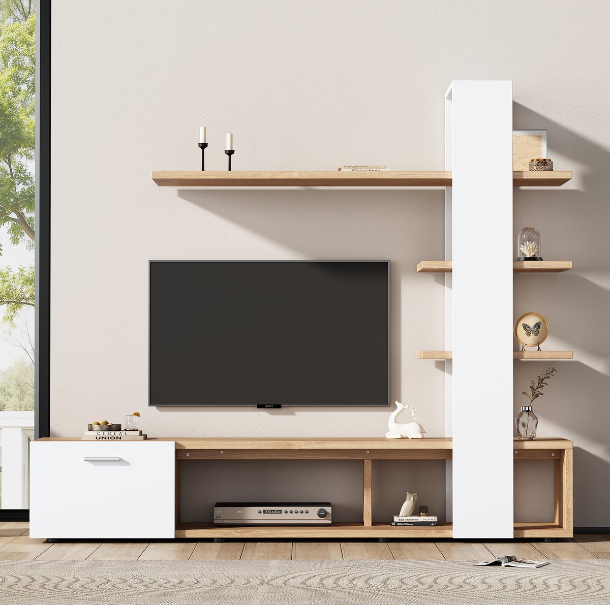 HAUSS SPOLE Televisiemeubel - Modern Wit Hout Met Open Vakken En Kastdeur - Voor Woonkamer En Tv Tot 60 Inch - Spaanplaat - 180 Cm