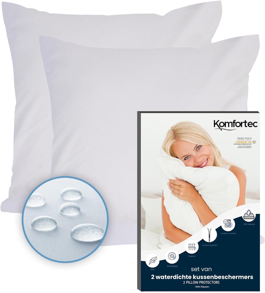 Komfortec Set Van 2 Waterdichte Kussenbeschermers, 50 x 50 Cm, Met Ritssluiting, Ademend, Hypoallergene Kussenslopen - ShopVlot