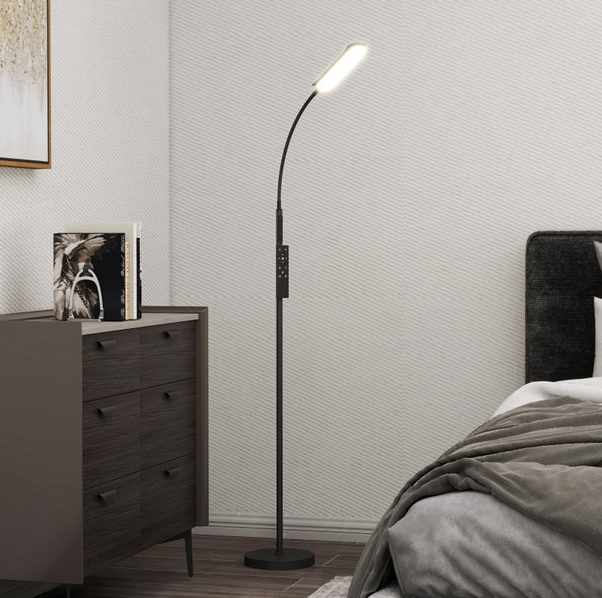 Staande Lamp Dimbaar Met Afstandsbediening En Touchbediening 175 Cm Staal Zwart Voor Leeshoek En Woonkamer Met 360° Verstelbare Hals